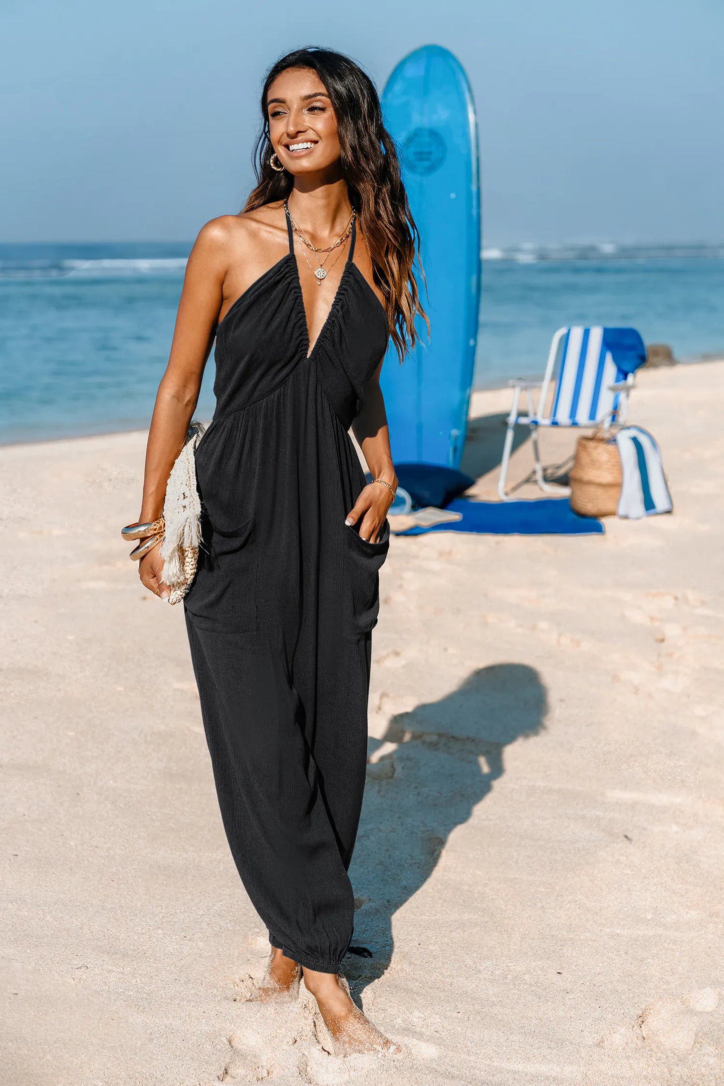 Reverie™ Ruched Deep-V Halter Jumpsuit