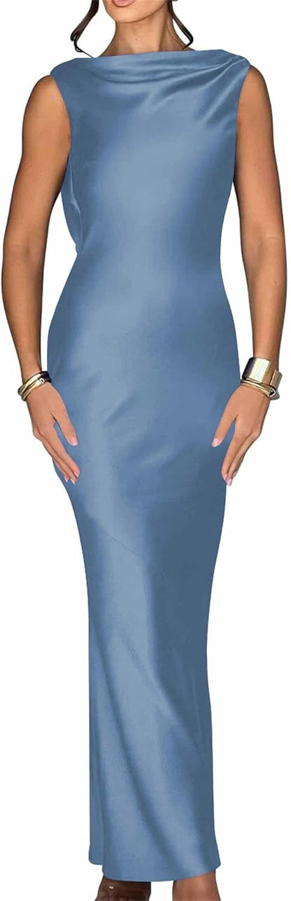 Luna Satin Cowl-Back Maxi Dress