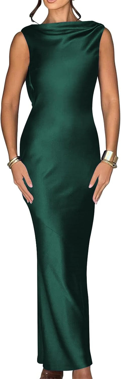 Luna Satin Cowl-Back Maxi Dress