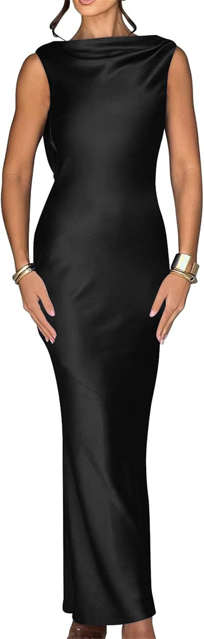 Luna Satin Cowl-Back Maxi Dress