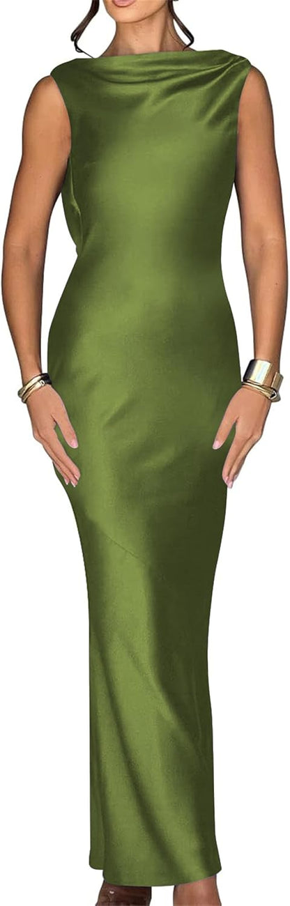 Luna Satin Cowl-Back Maxi Dress