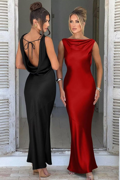 Luna Satin Cowl-Back Maxi Dress